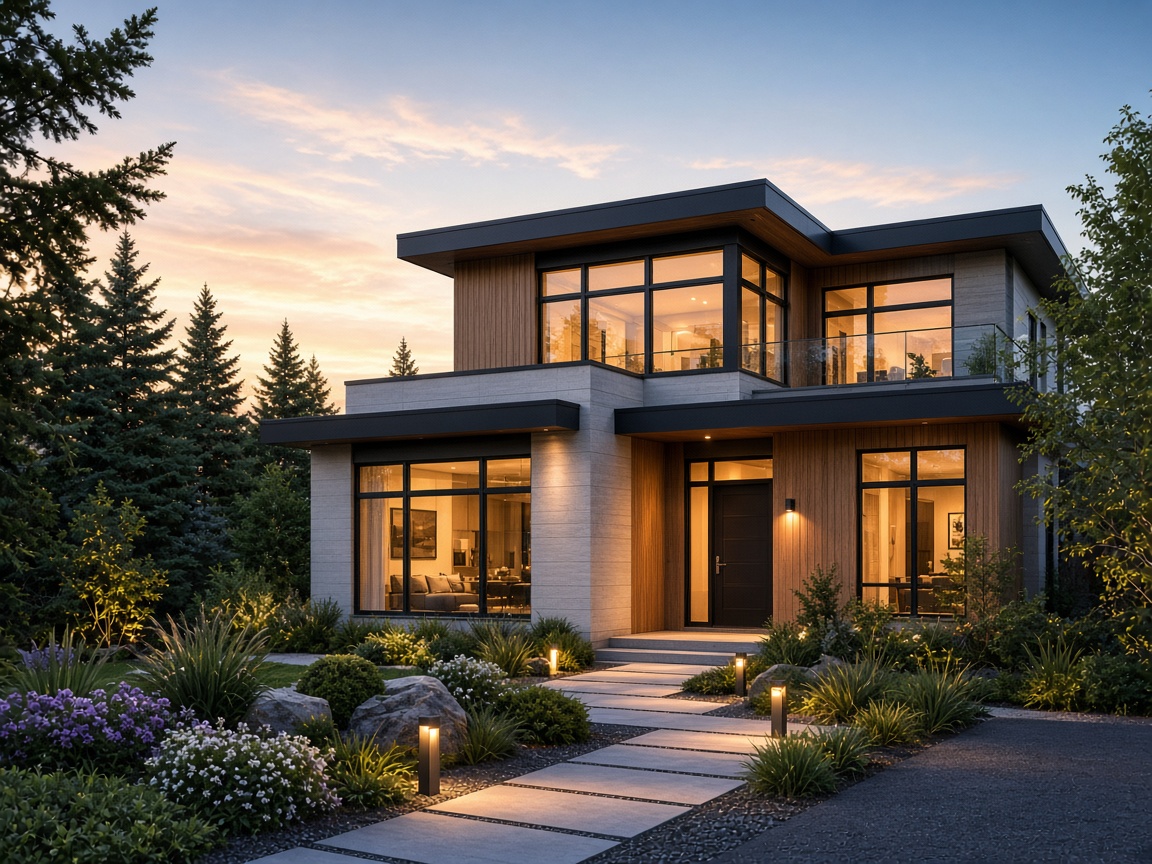 Contemporary home exterior at golden hour