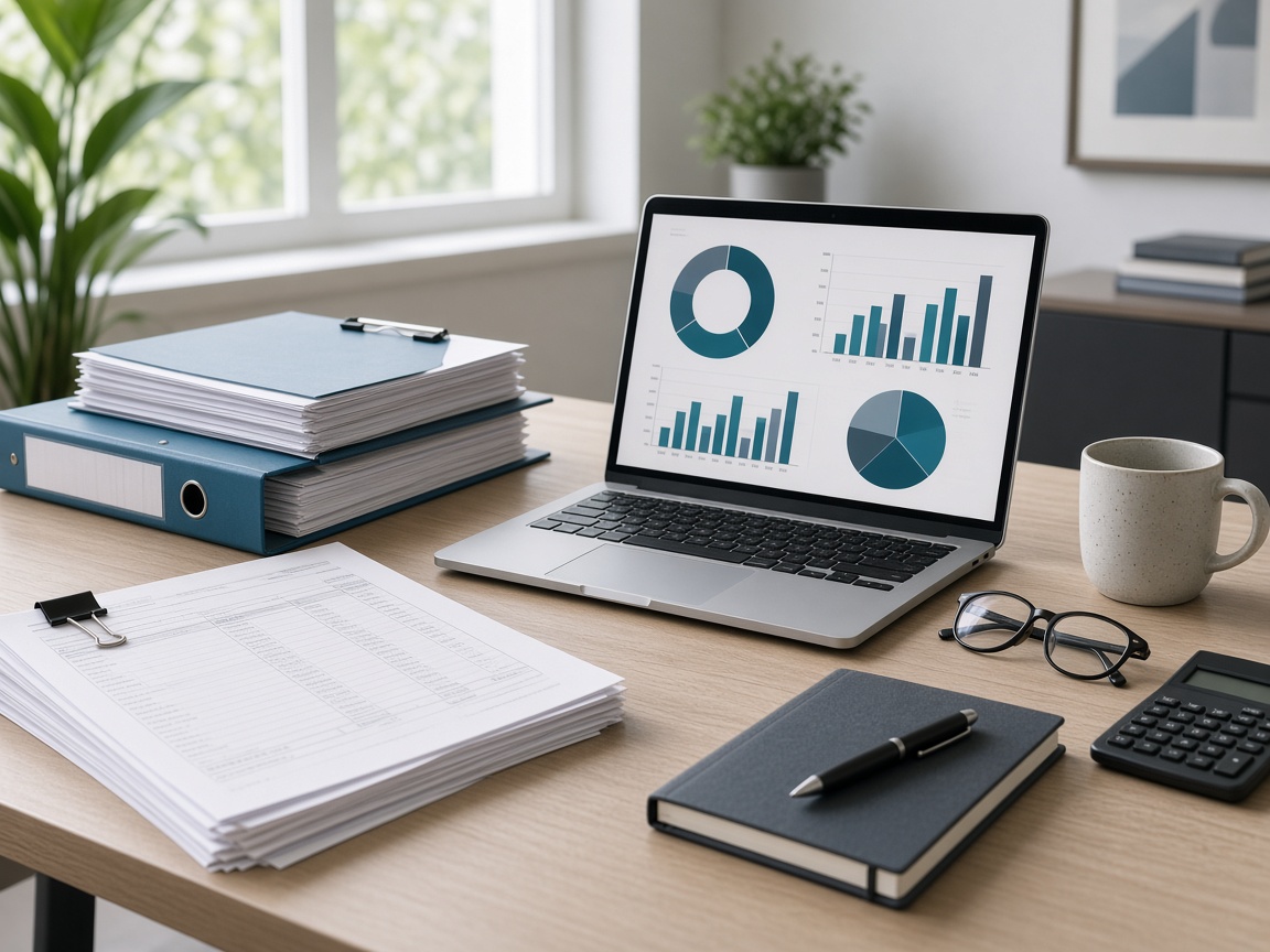 Organized accounting desk with laptop and documents